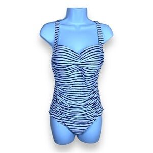 LARGE BLUE WHITE ONE PIECE SWIMSUIT MOULDED CUPS RETRO COASTAL STRIPED